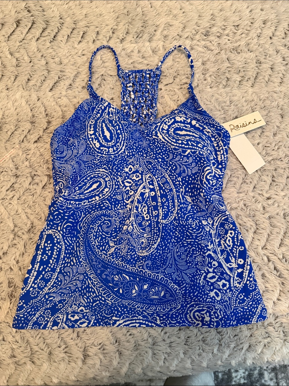 Raisins Royal Blue Paisley Macrame Racerback Tankini Top S